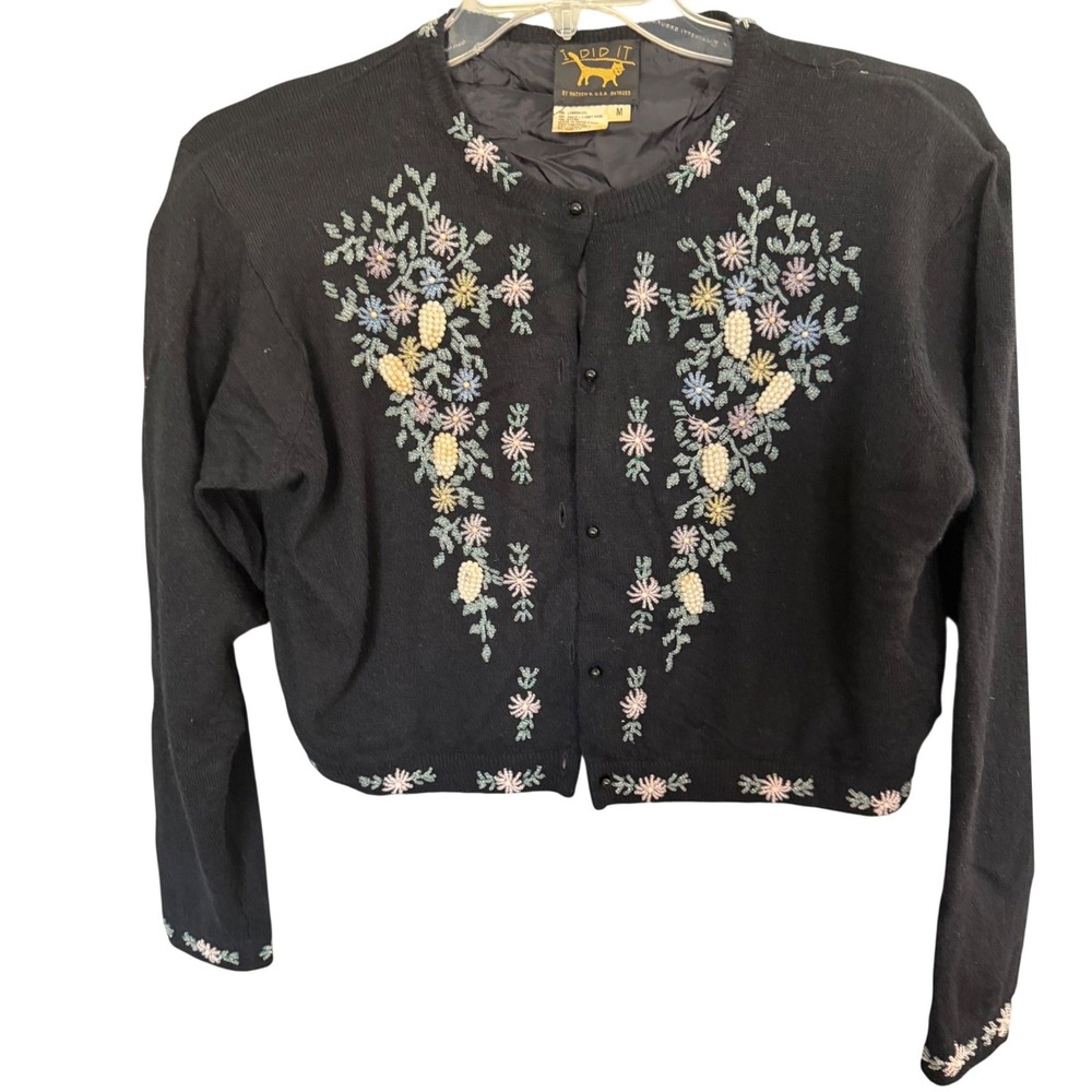 VTG I Did It Lambswool‎ Angora Crop Cardigan M Black Floral Embellished Pearls